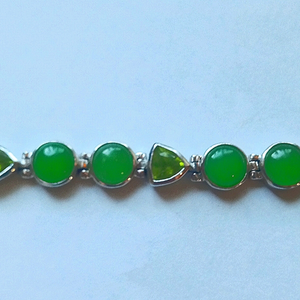 Jade and peridot stone and sterling silver bracelet